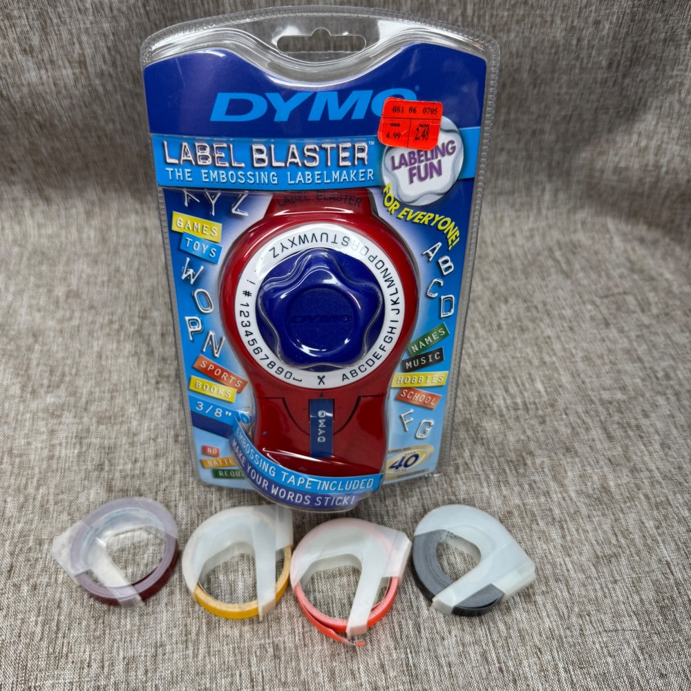 DYMO Label Blaster Embossing Label Maker Red Blue 2003 New + 4 Extra Tape Rolls
